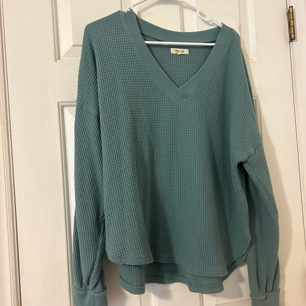 Teal Waffle Knit V-Neck Sweater
